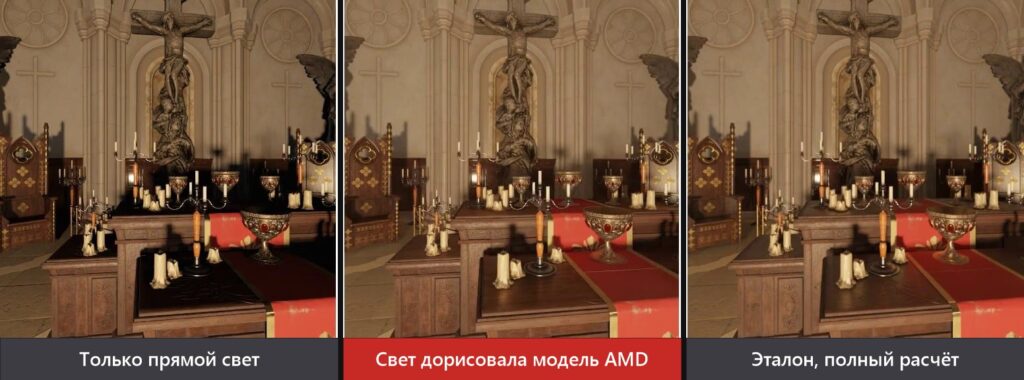 Одна сцена трижды: только прямой свет, свет, дорисованный моделью AMD, и эталон с полным расчётом