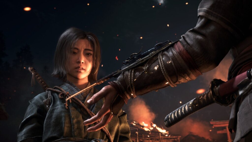 A heroine with a katana by a fire