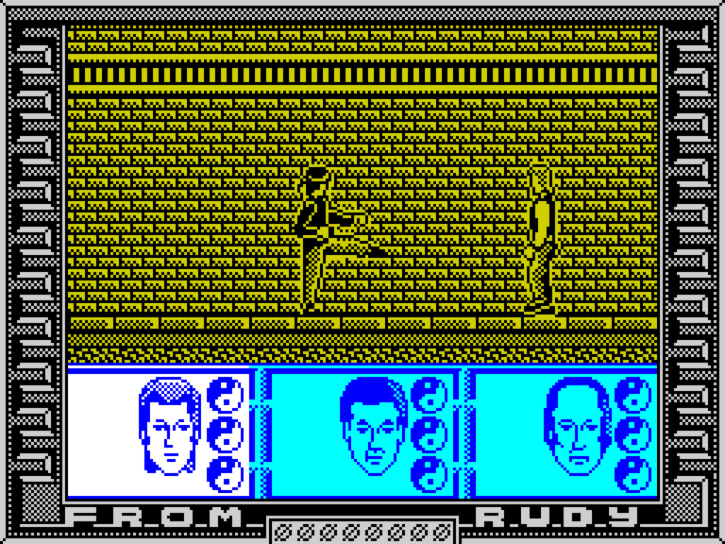 Een gevecht in een gang in Big Trouble in Little China op de ZX Spectrum