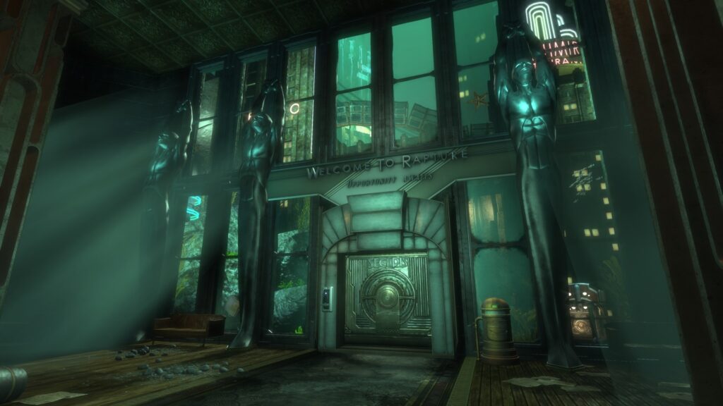 Een ondergelopen zaal in de onderwaterstad Rapture in BioShock Remastered