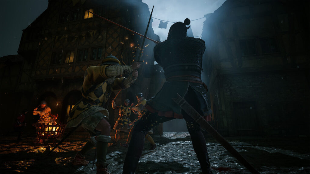 Night sword fight with town guards