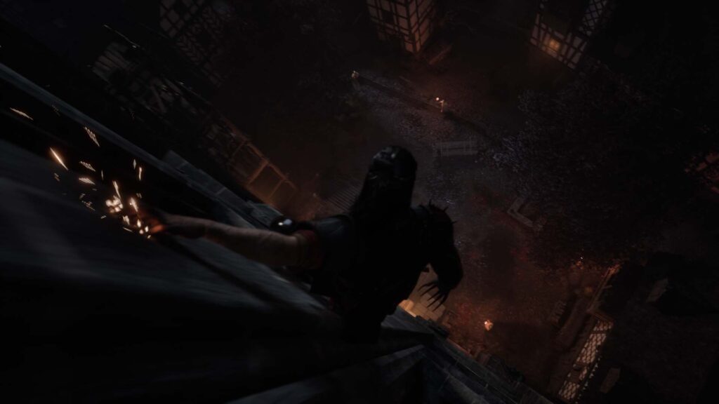 Vampire Coen climbing a wall above a night town