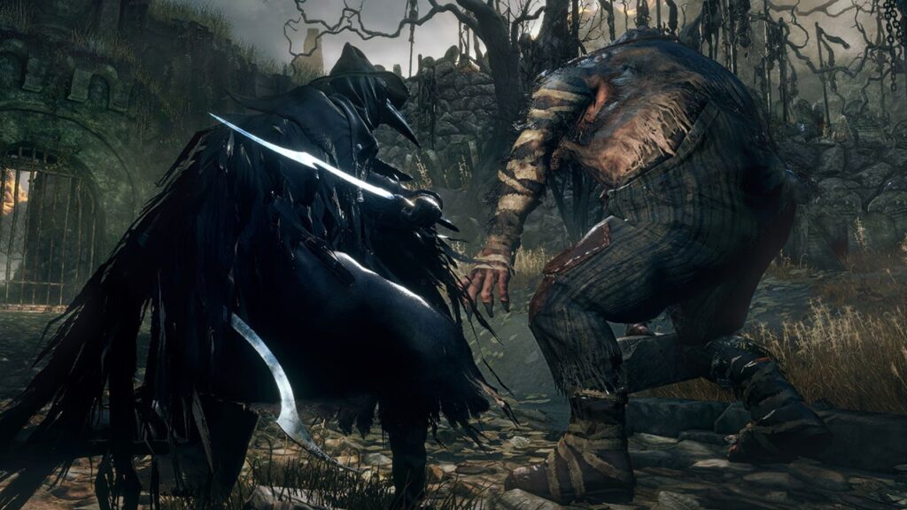 Een jager in kraaienveren tegenover een enorme vijand in Bloodborne