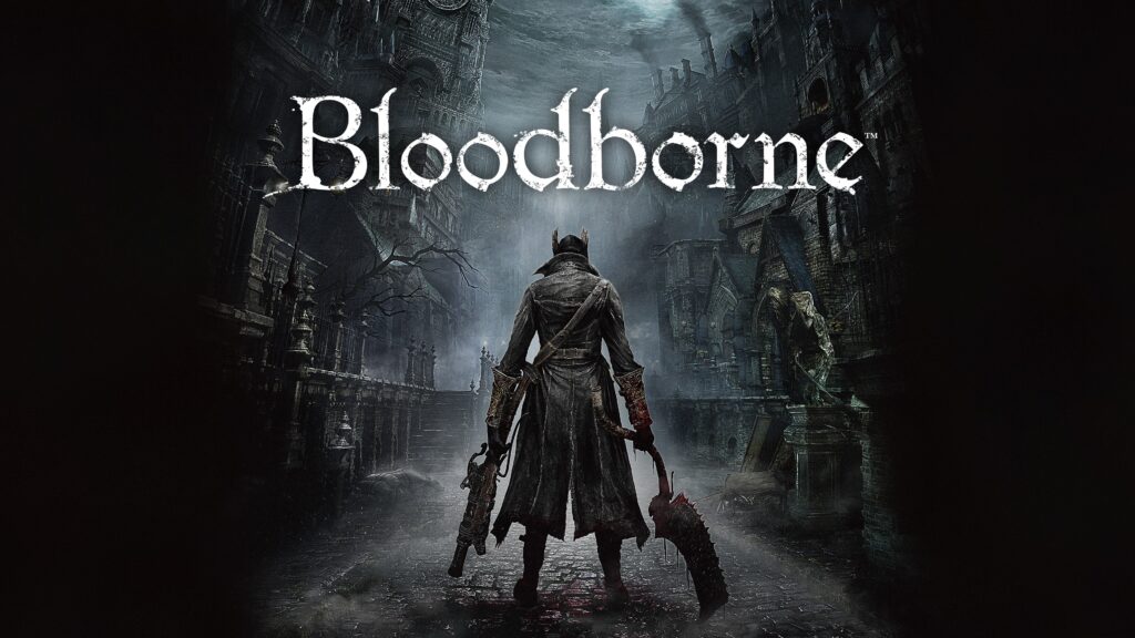 Officiele key art van Bloodborne met de jager in een straat van Yharnam