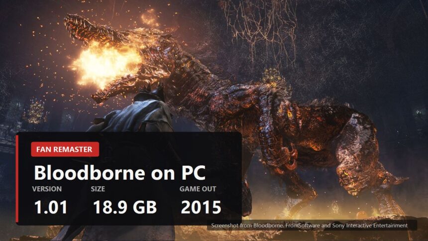 Hunter facing a burning beast in Bloodborne with the mod figures over the frame