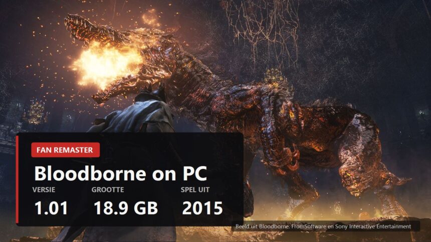 Hunter facing a burning beast in Bloodborne with the mod figures over the frame