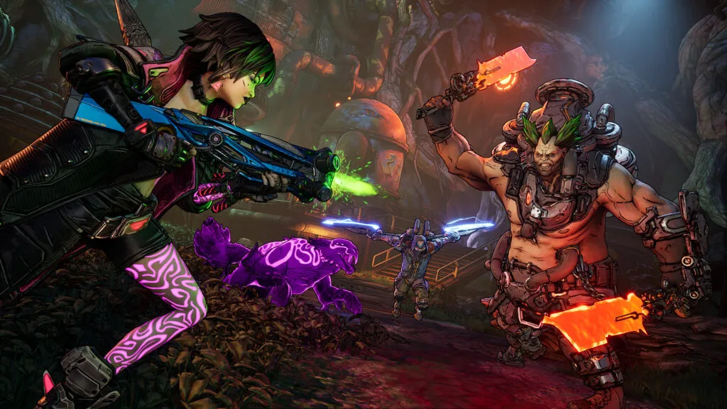 Borderlands 4 Vault Hunters fighting a large enemy underground