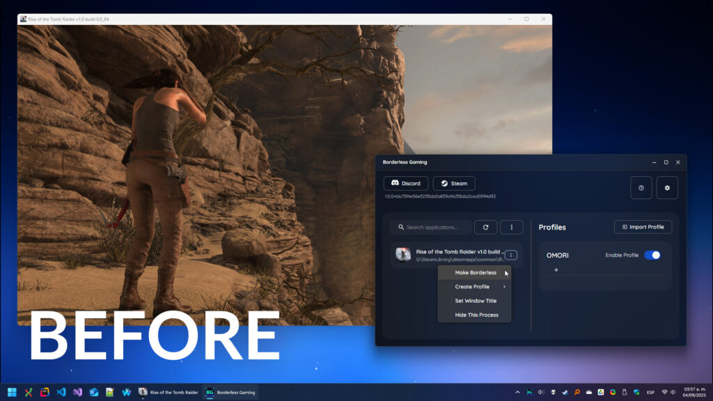 Окно игры и панель Borderless Gaming на рабочем столе Windows