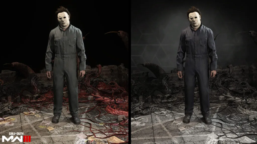 Two versions of Michael Myers in coveralls and mask against tentacles and rubble, with the Modern Warfare III logo