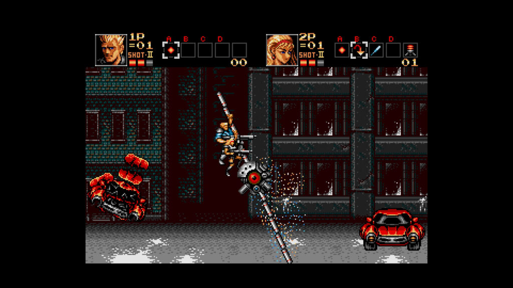 Een vuurgevecht op straat in een game uit de Contra Anniversary Collection