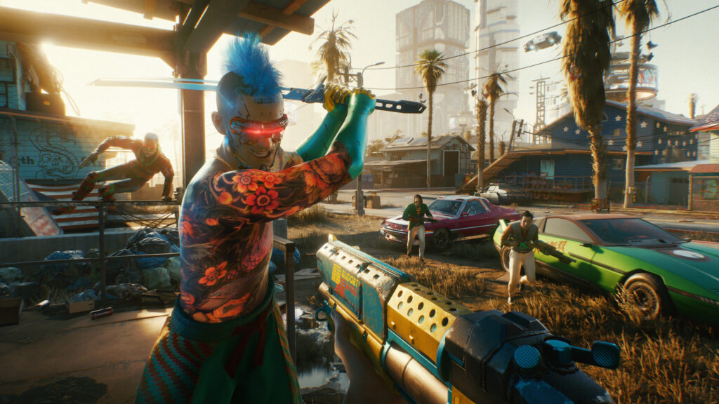 Gevecht met een katana aan de rand van Night City in Cyberpunk 2077