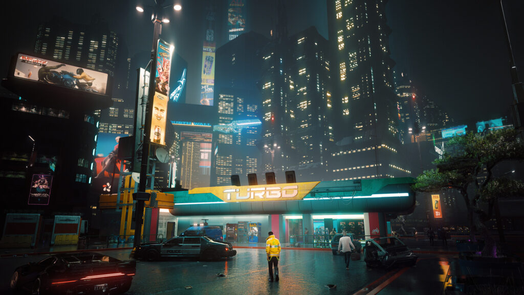 Een straat vol neon bij nacht in Cyberpunk 2077