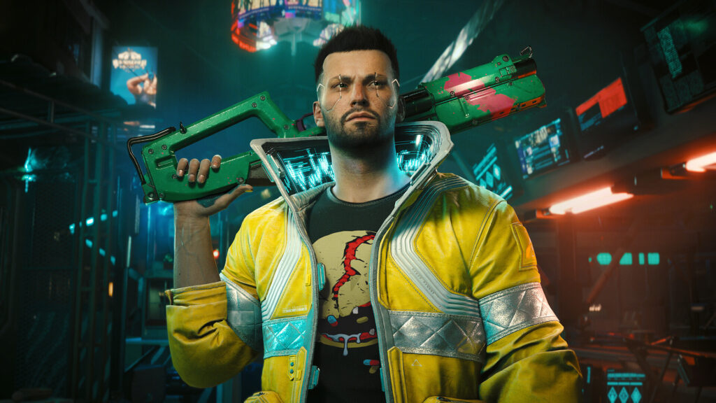 Personage in een geel jack van dichtbij in Cyberpunk 2077