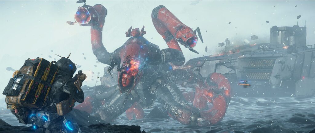 Een koerier uit Death Stranding 2 schiet op een groot rood wezen in de branding