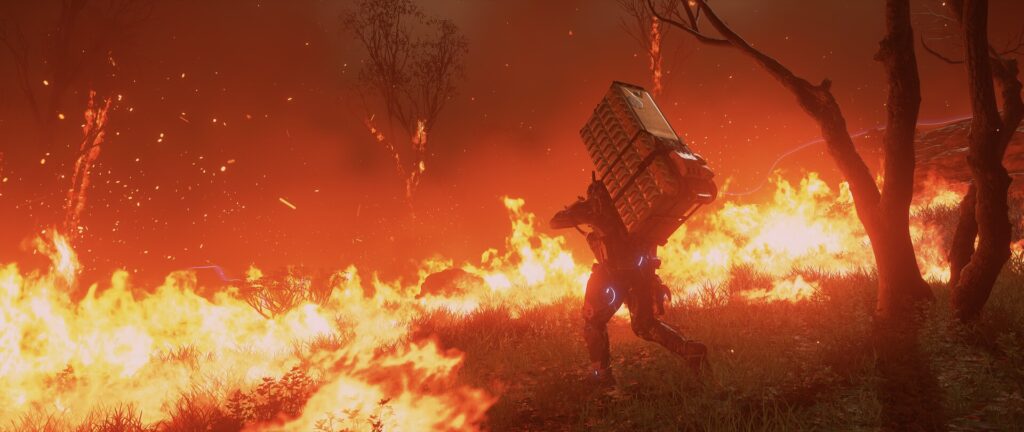 Een koerier uit Death Stranding 2 loopt door brandend grasland