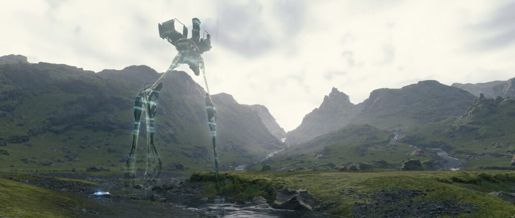 Een holografische loopmachine tussen groene bergen in Death Stranding