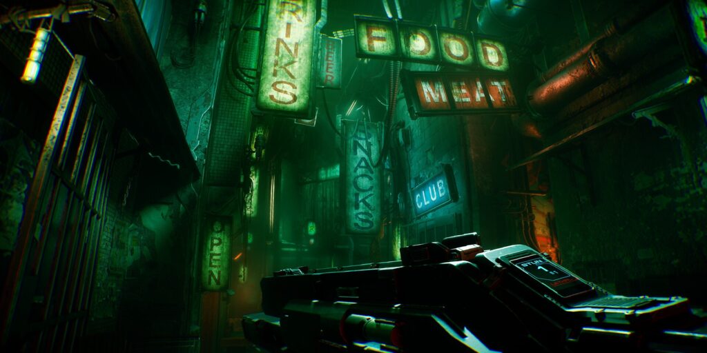 A neon-lit street full of signs in Defect