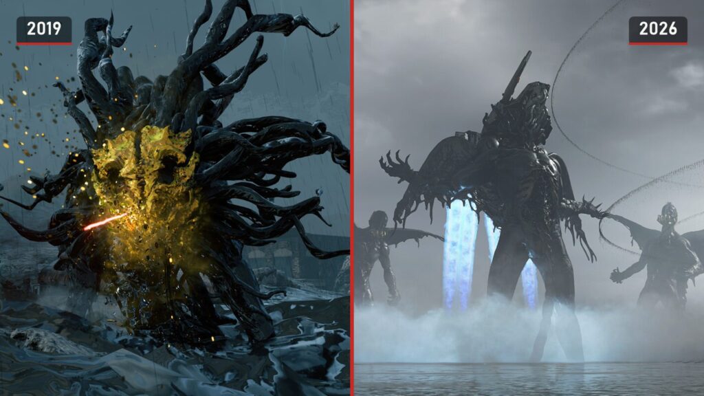 Links een monster uit Death Stranding van 2019, rechts wezens uit Death Stranding 2 van 2026