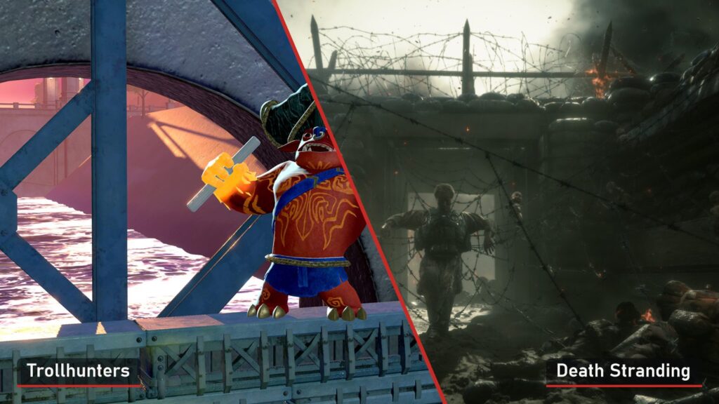 Links een trol op een brug uit Trollhunters, rechts loopgraven uit Death Stranding