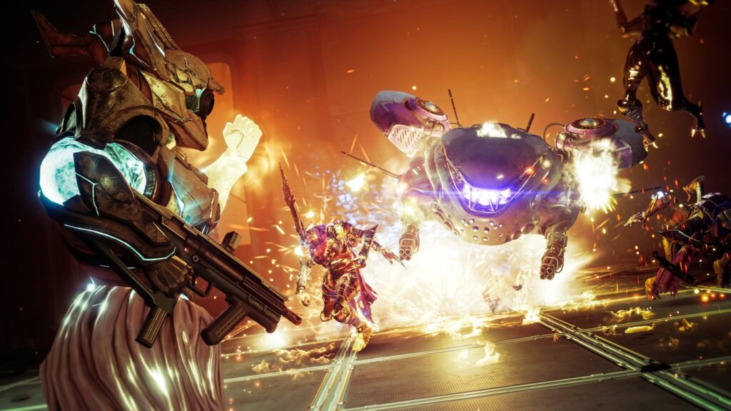 A Guardian fighting a mechanical enemy