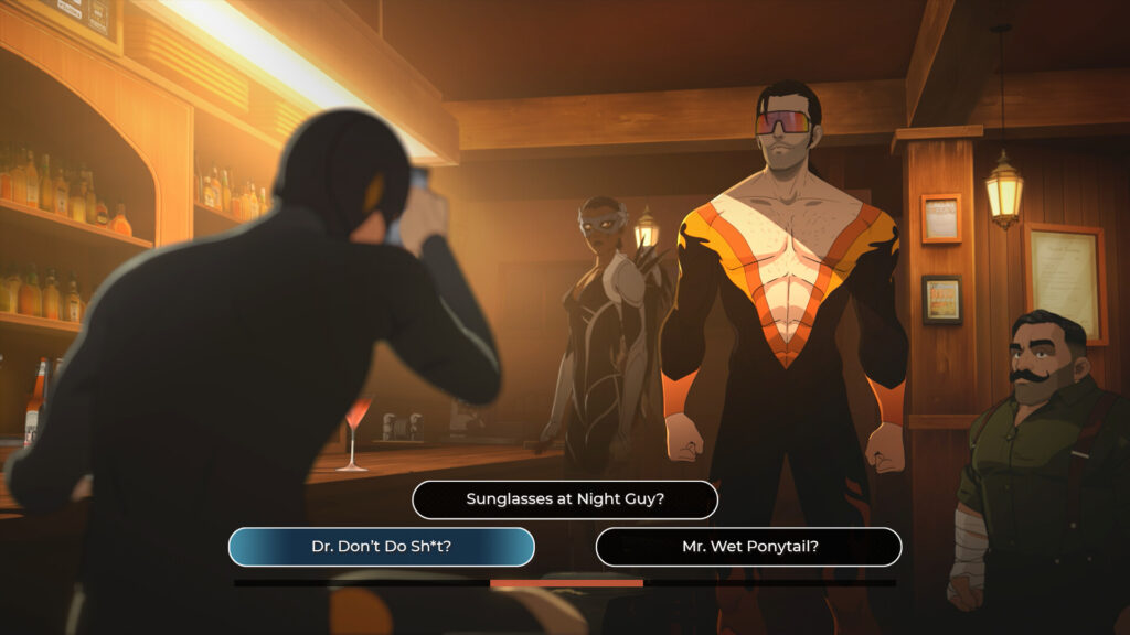 A bar scene in Dispatch with joke dialogue options