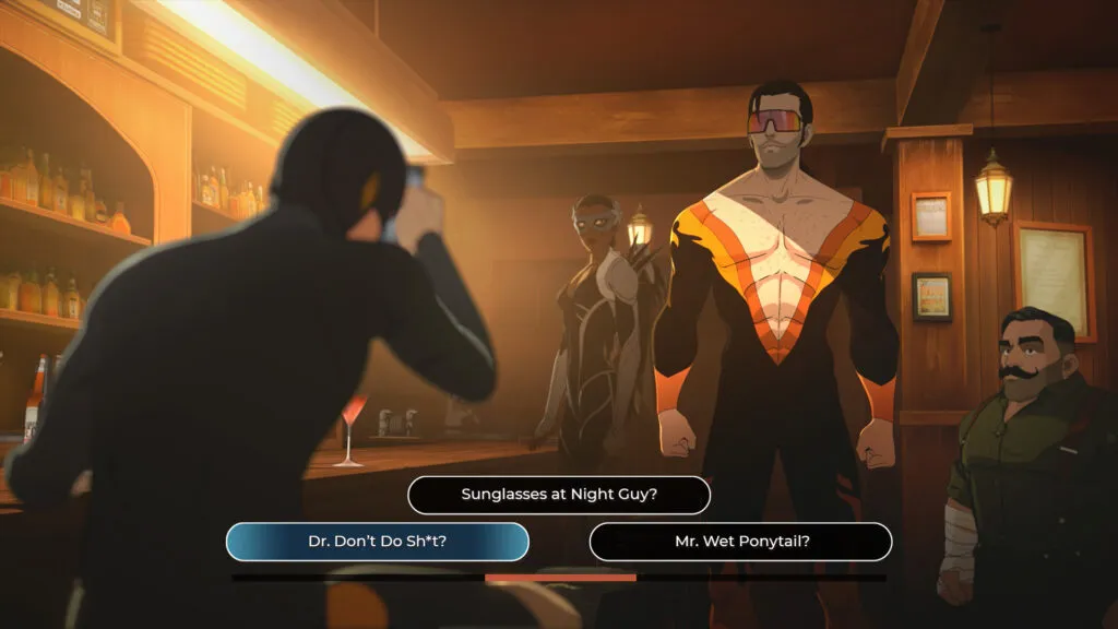 A bar scene in Dispatch with joke dialogue options
