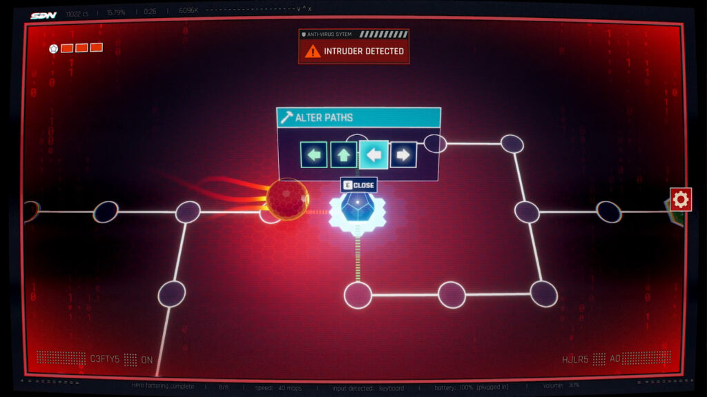 The hacking minigame in Dispatch: a ball on a red network of wires