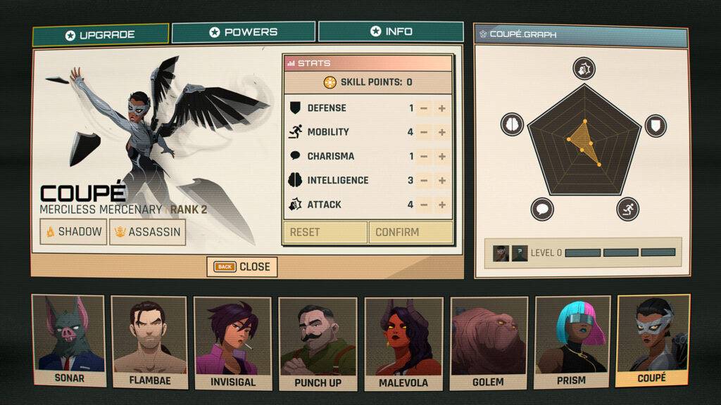 The hero upgrade screen for Coupe in Dispatch with five stats