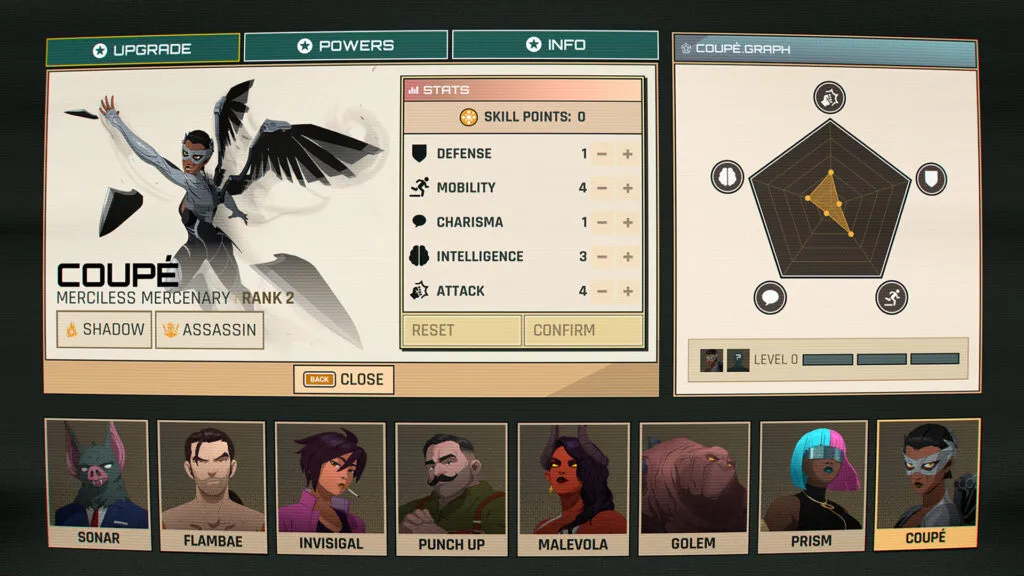 The hero upgrade screen for Coupe in Dispatch with five stats