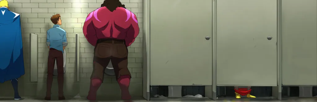 Dispatch key art: superheroes in an office restroom