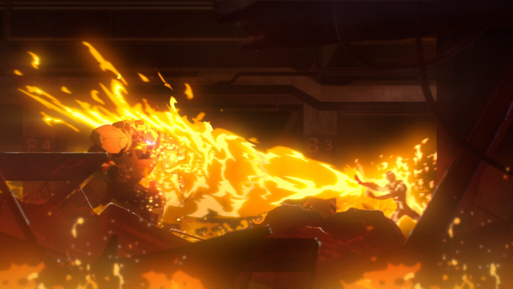 Mecha Man in a burning underground car park in Dispatch