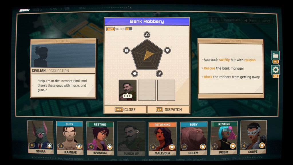 The Bank Robbery assignment screen in Dispatch with requirements and a stat pentagon