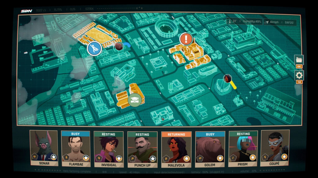The Los Angeles dispatch map in Dispatch with the hero roster along the bottom
