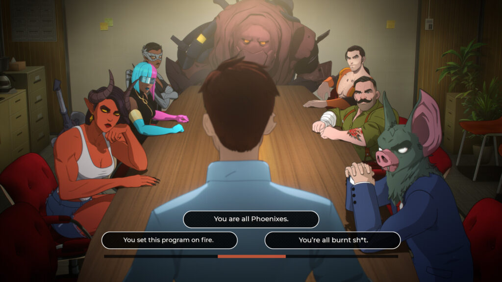 The Z-Team around a meeting table in Dispatch with dialogue options on screen