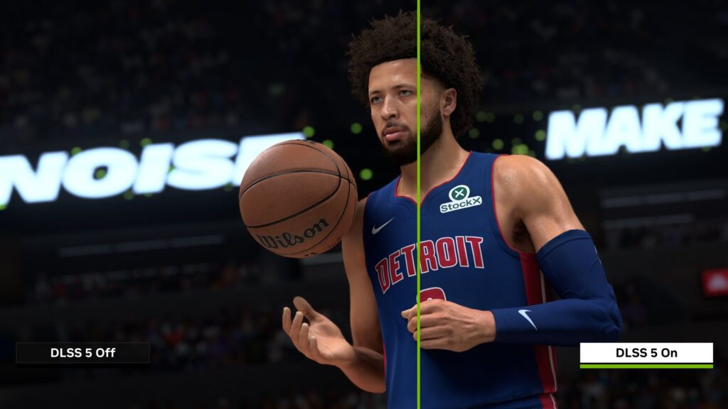The same NBA 2K27 scene: DLSS 5 off on the left, on on the right
