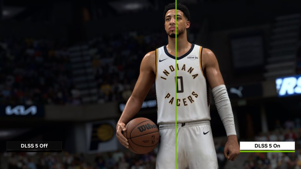 An NBA 2K27 player: DLSS 5 off on the left, on on the right