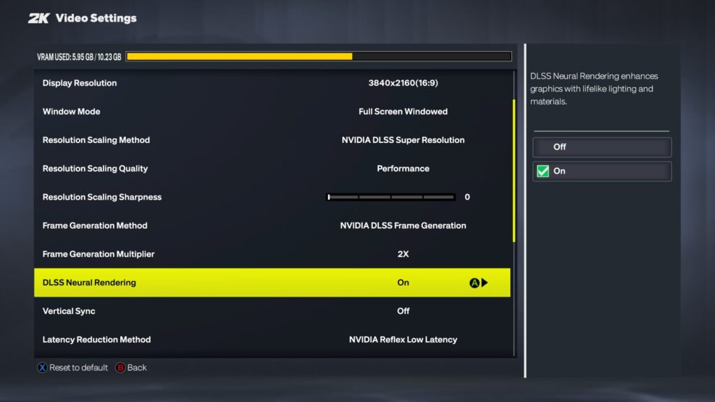 NBA 2K27 video settings menu with the DLSS Neural Rendering option