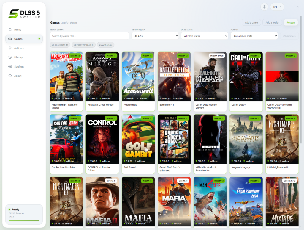 The list of detected games in DLSS 5 Swapper with DirectX labels