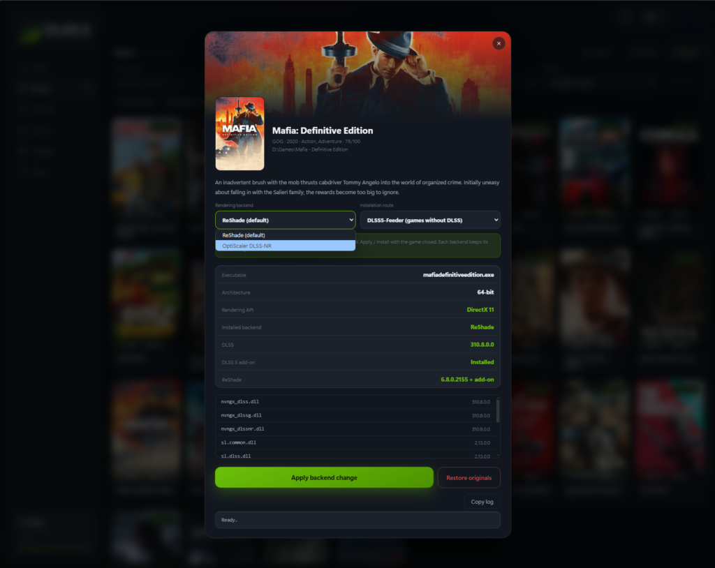 A game card in DLSS 5 Swapper with the installation route selector