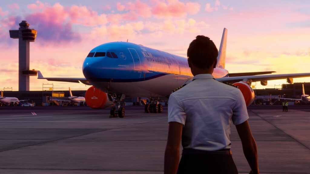 Microsoft Flight Simulator 2024 airport at sunset