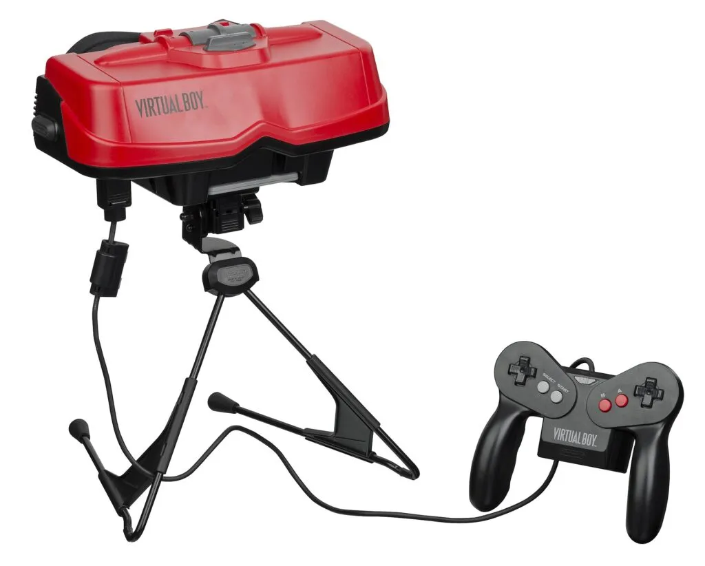 Nintendo Virtual Boy on its stand with controller