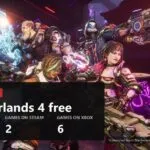 The four Borderlands 4 Vault Hunters firing, with the free weekend figures over the frame