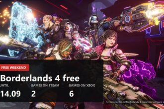 The four Borderlands 4 Vault Hunters firing, with the free weekend figures over the frame
