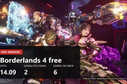 The four Borderlands 4 Vault Hunters firing, with the free weekend figures over the frame