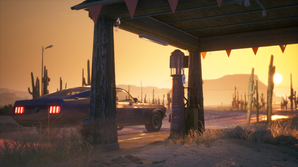 Oude muscle car bij een benzinepomp in de woestijn bij zonsondergang