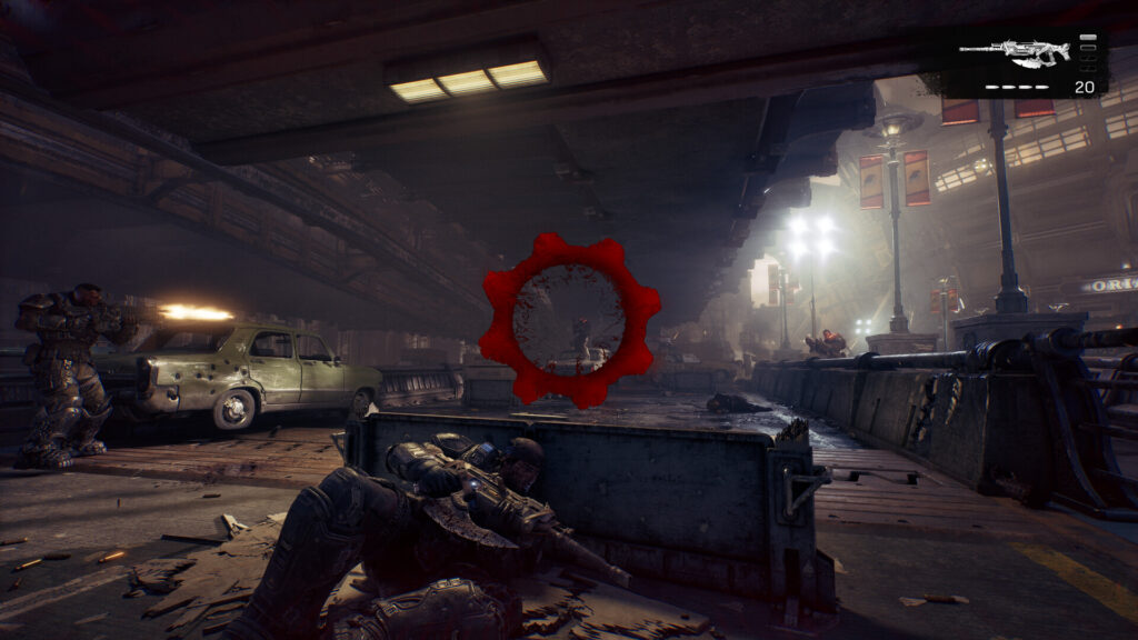 Gears of War E-Day squad taking cover on a bridge