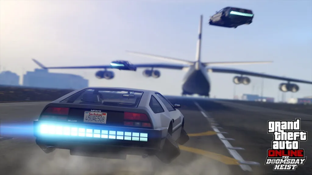 A car and aircraft on an airport runway in Grand Theft Auto V