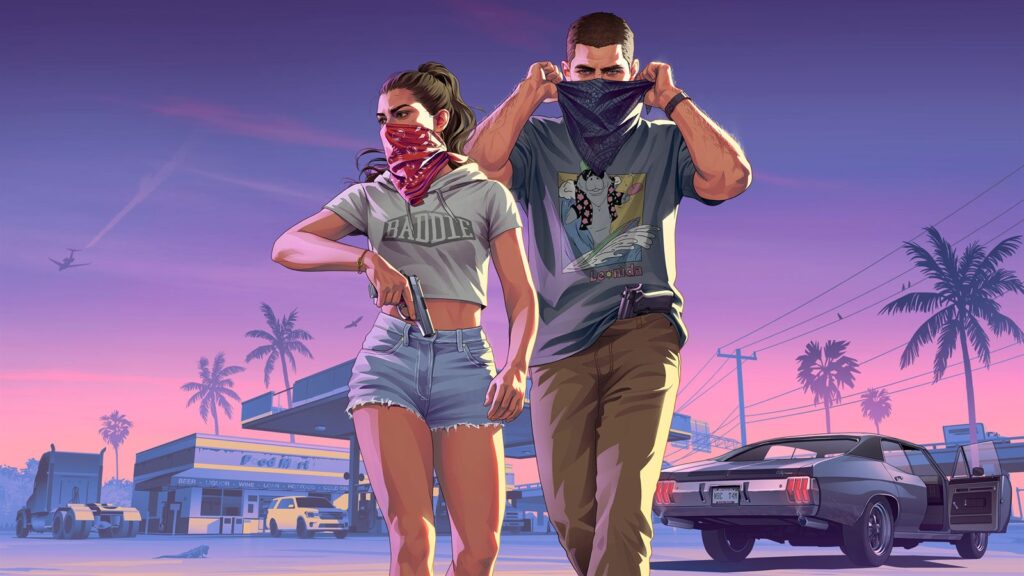 Jason and Lucia with bandanas over their faces by a gas station in GTA 6