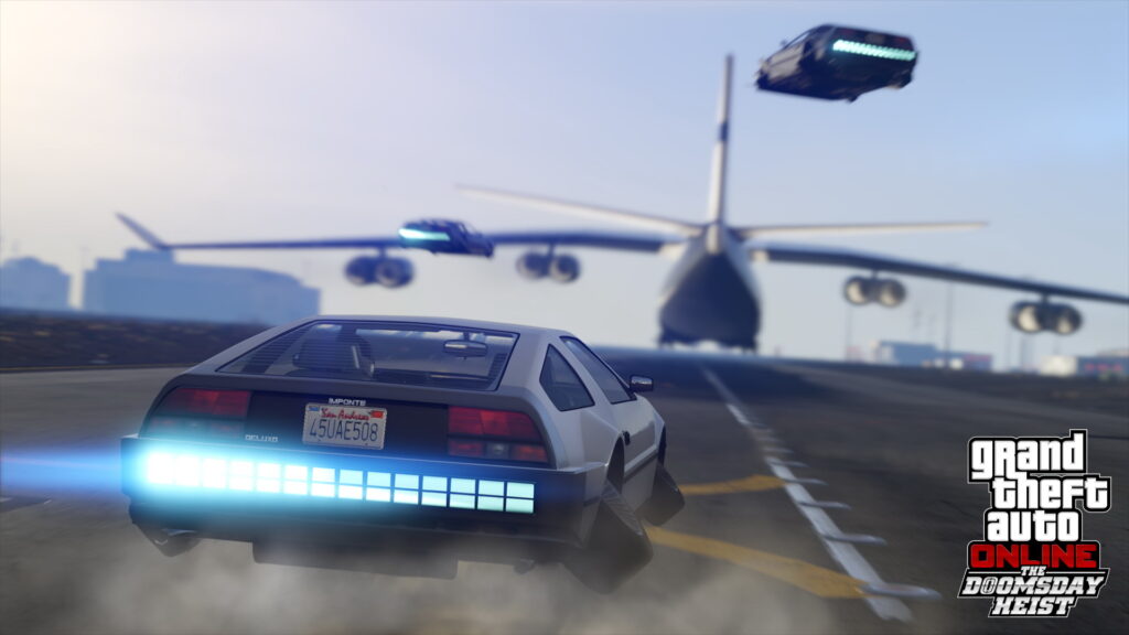 GTA Online car on a runway with a plane behind it