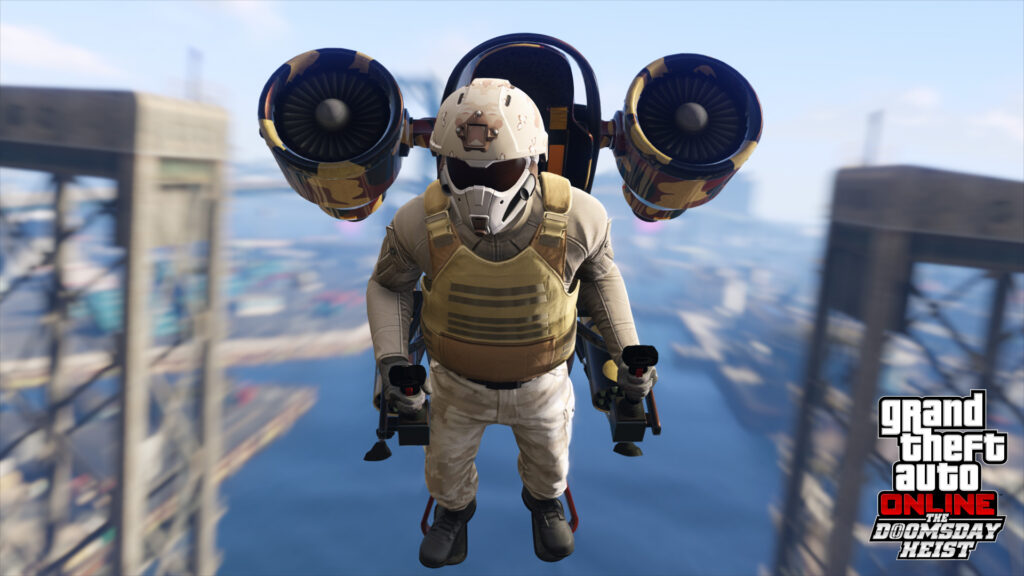GTA Online character flying a jetpack